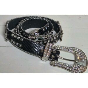 Vintaged Western Rhinestone Belt Bling Cowgirl Studded Black Faux Snake 44" Y2K